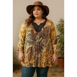 Simply Emma Women’s Blouse Tunic Brown Yellow Sequin 3/4 Sleeve V Neck Bohemian